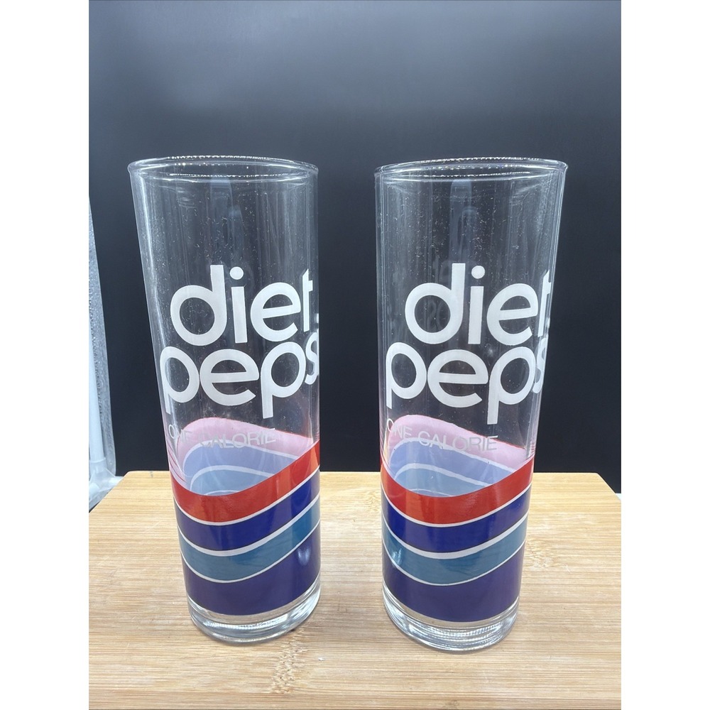 Lot Of 2 Vintage Diet Pepsi One Calorie 7" DRINKING GLASSES Tall Skinny Tumbler